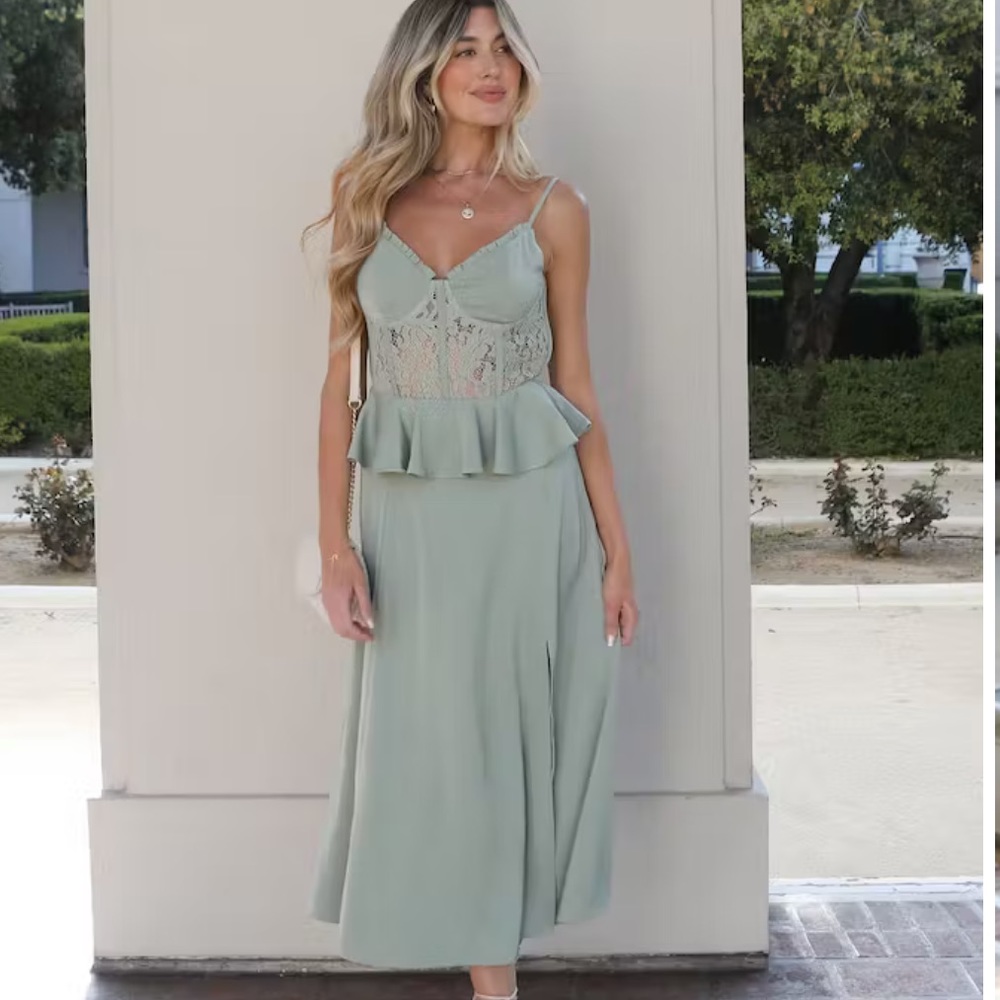 Vici Sage Green Lace Peplum Midi Dress